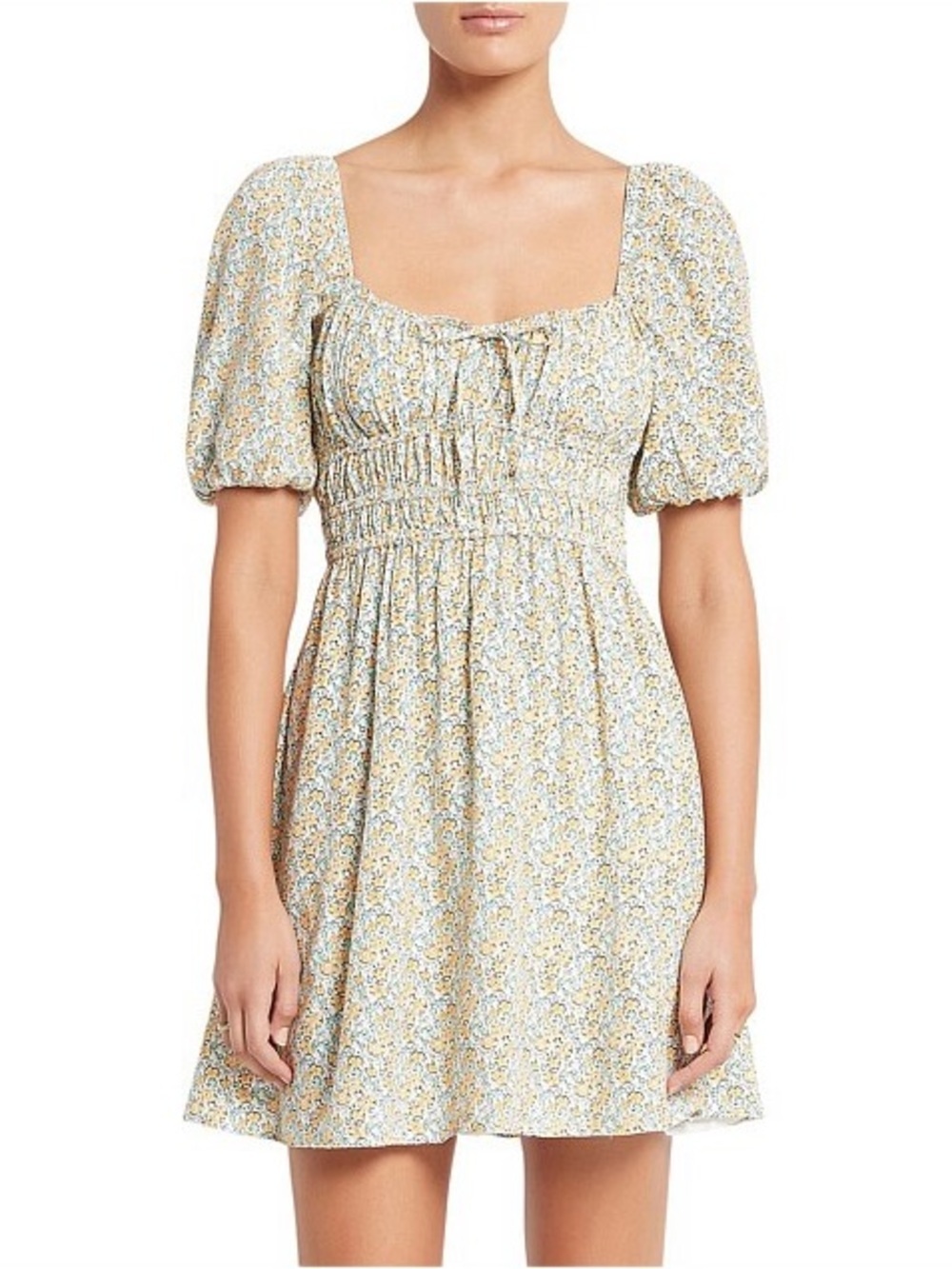Reformation Yellow Floral Square-Neck Puff-Sleeve Mini Dress